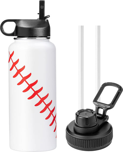 YONGCHI 32Oz Insulated Water Bottle with Straw Stainless Steel Water Bottles Travel Mug Wide Mouth Flask Thermos Bottle (Baseball, 32Oz)