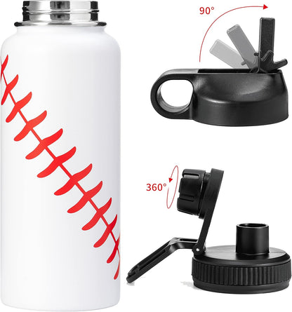YONGCHI 32Oz Insulated Water Bottle with Straw Stainless Steel Water Bottles Travel Mug Wide Mouth Flask Thermos Bottle (Baseball, 32Oz)